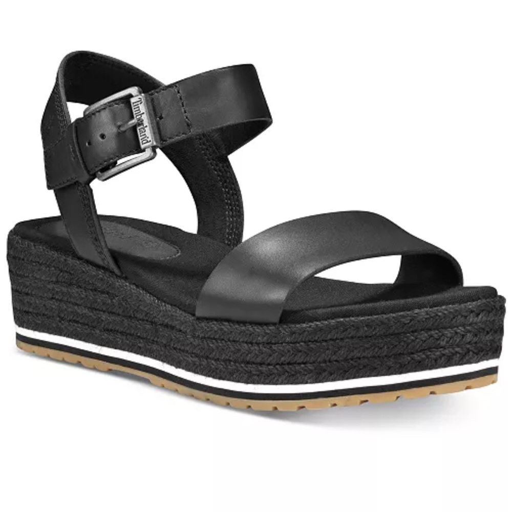 NWOT TIMBERLAND Santorini Sun Leather Espadrille Sandals in Black - Size 9.5